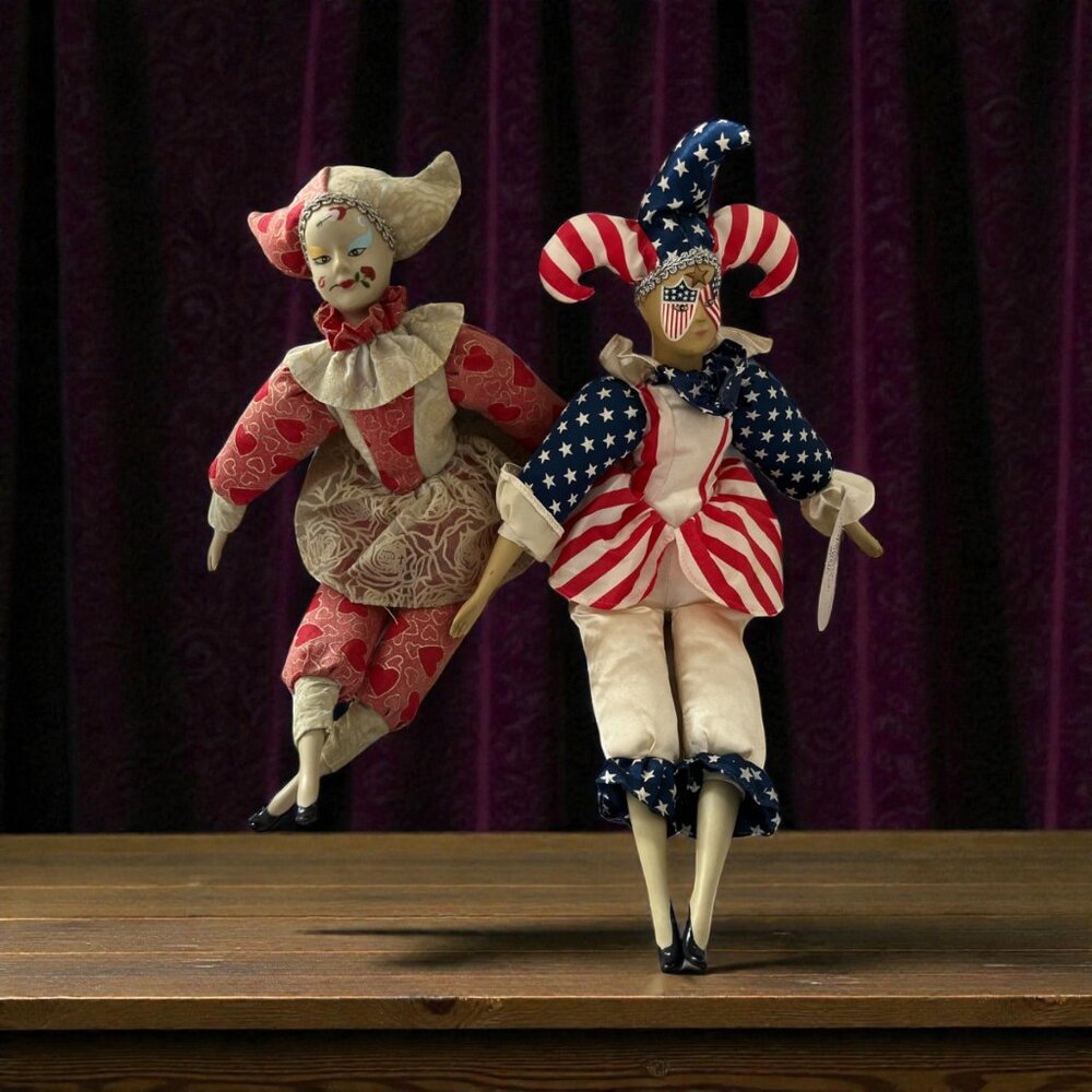 Vintage Sugar Loaf Good Stuff Jester Dolls Set Mardi Gras Valentine Hearts 16” P